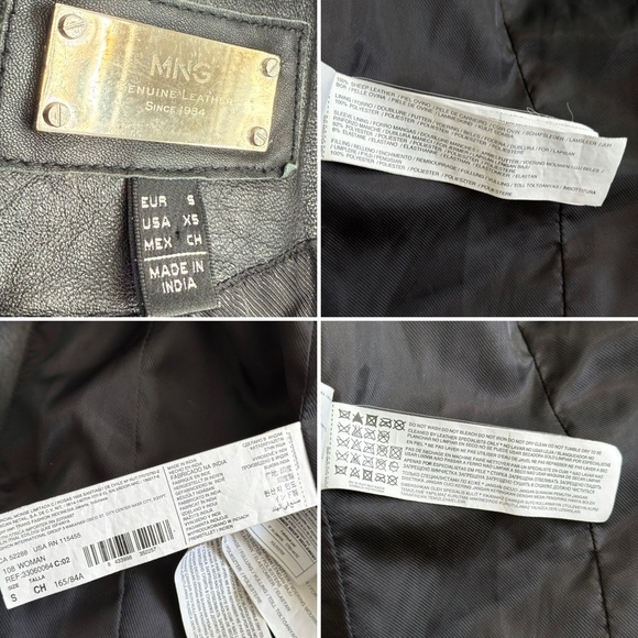 Mango Textured Panel Genuine Leather Biker Jacket Black XS Quilted Shoulder Moto - Picture 10 of 16